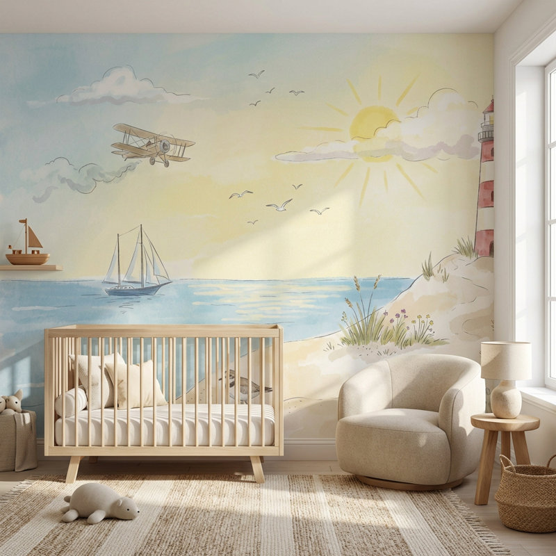 Papier peint bord de mer phare Coastal, 140" x 108", Peler et coller