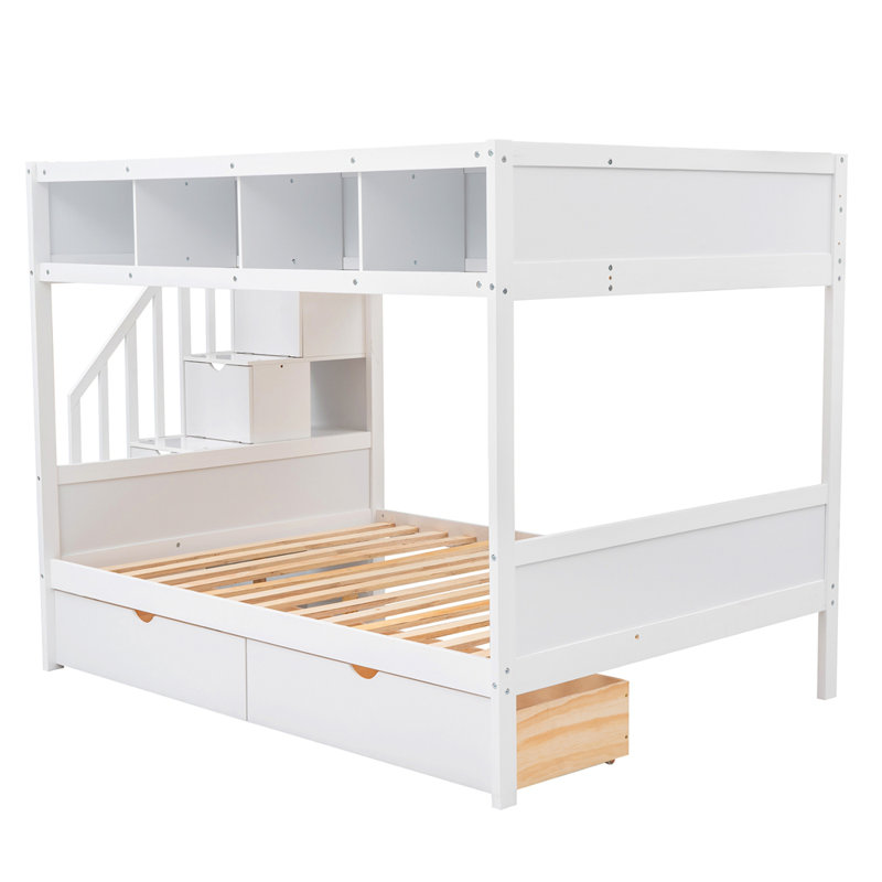 Lit superposé simple au-dessus de double avec tablettes, escalier de rangement et 2 tiroirs, Blanc