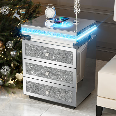 Mirrored Nightstand With Wireless Charging Station, Modern Led Side Table With 3 Drawers, Silver Accent End Table With Crushed Diamonds For Living Room, Bedroom And Office