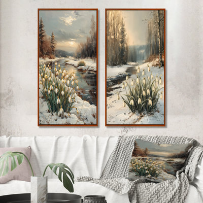 Winter Snowdrops Flowers By The Lake I - Snowdrops Wall Art 2 Pieces Set