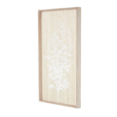 Wood Textured Floral Cream Wall Decor with White Painted Accents and Beaded Frame