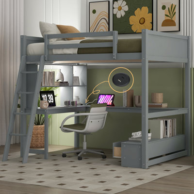  Lit mezzanine double avec bureau en L, station de charge USB et banc de rangement avec compartiments latéraux, gris