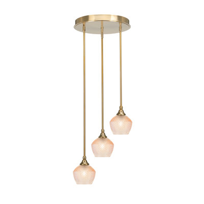 Luminaire suspendu suspendu en grappe à 3 lumières Empire au fini laiton nouvel âge avec verre texturé ambre de 6 po