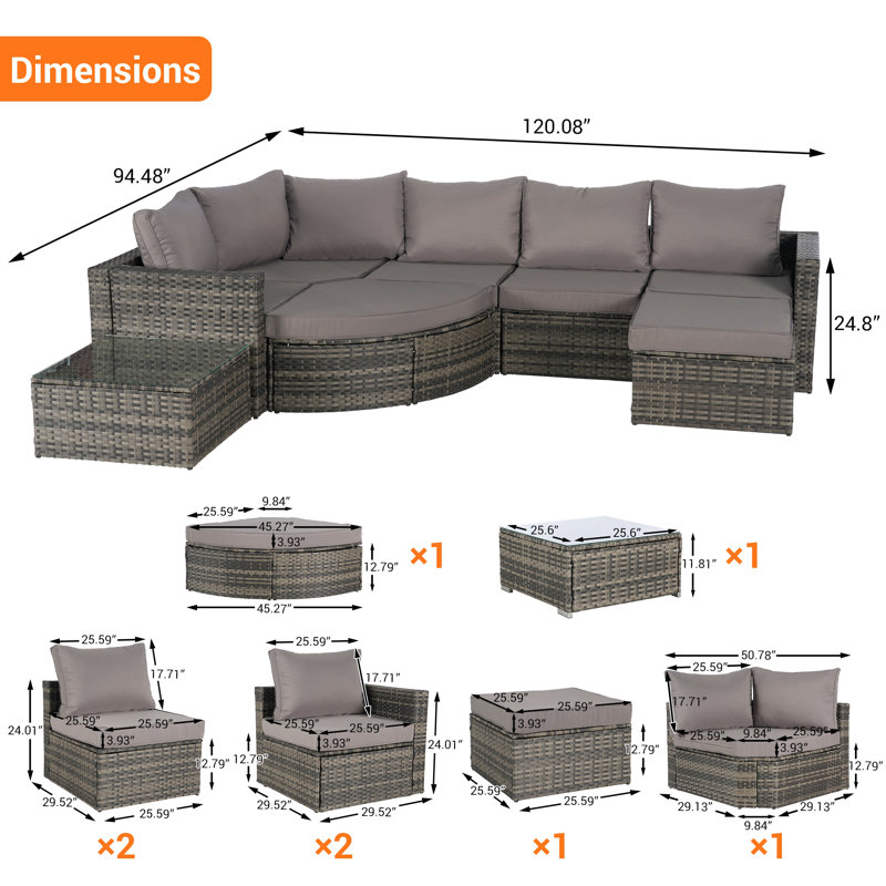 Ensemble de canapé d'extérieur 8 pièces, ensemble de conversation modulaire en forme de L en osier avec repose-pieds courbé et table en verre pour la piscine
