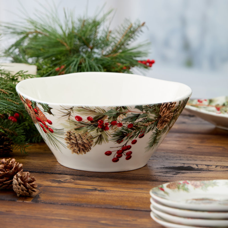 Woodland Deep Bowl - Un centre de table en grès blanc de 10 pouces et 88 onces, orné de plantes botaniques d'hiver, aussi beau à la table qu'à la cuisine.