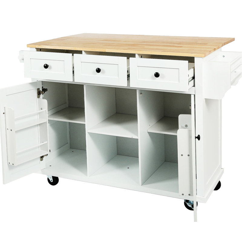 Drop Kitchen Cart With 3 Drawers, Internal Storage & Smooth Rolling Wheels, White Cabinet And Wheels, White