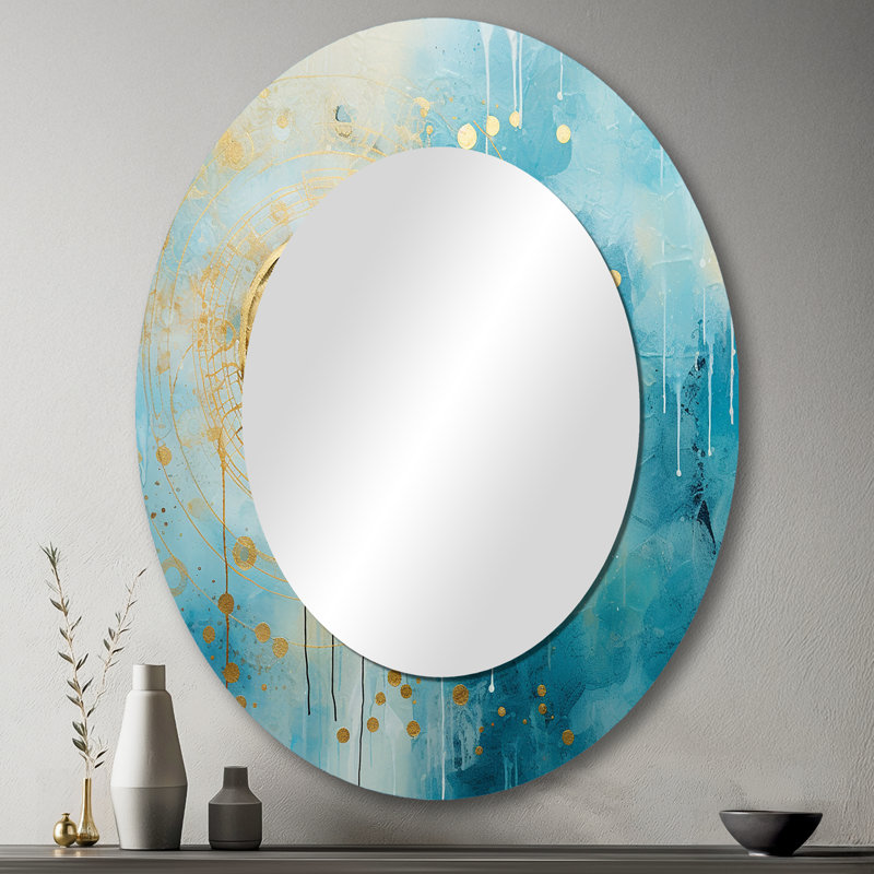 Teal Circular Sensitivity Retro Gold Watercolor - Abstract Oval Decorative Mirror On Metal, 43" x 33"