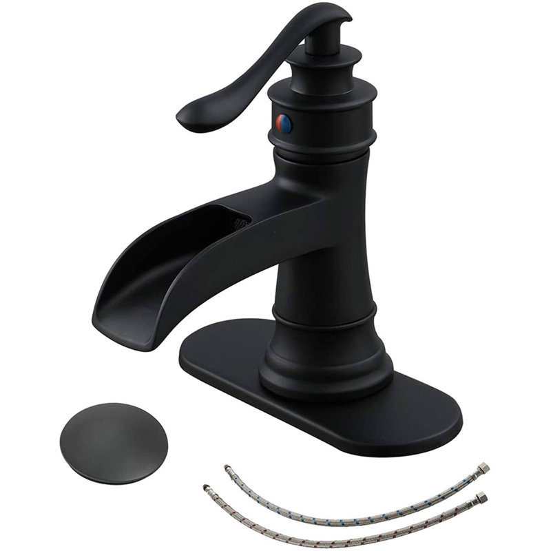 Waterfall Single Hole Bathroom Faucet With Drain Assembly, Matte Black