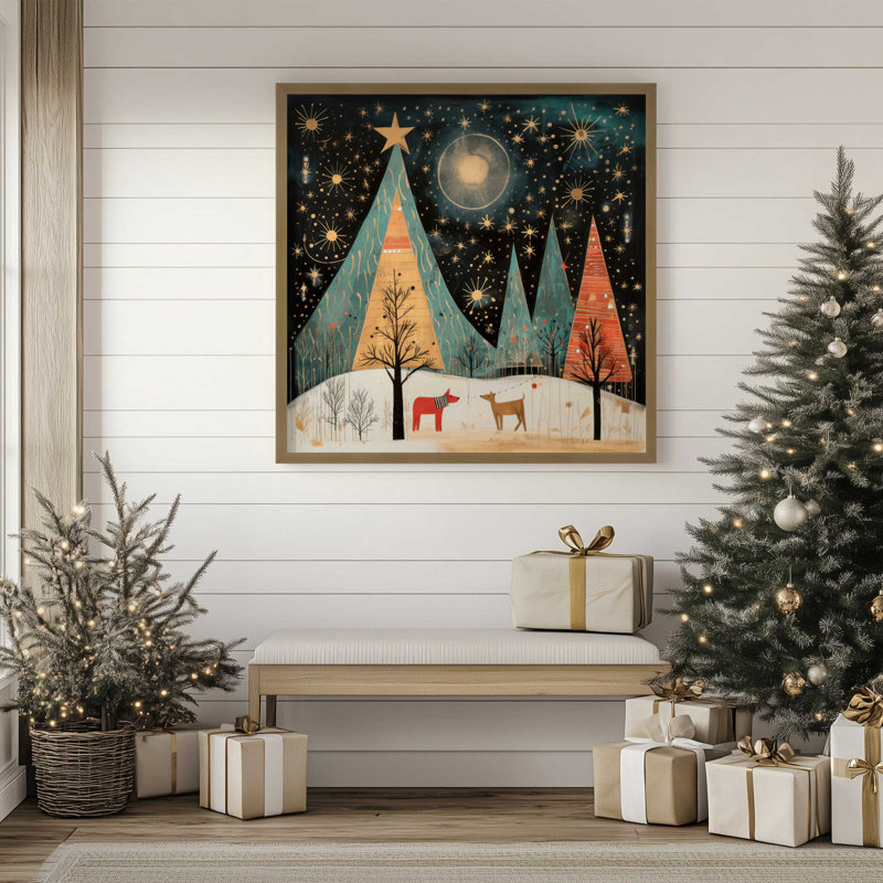 Nuit étoilée, arbres de Noël I print, Cadre simple opaque blanc, bois massif, H 17,5 po x l 17,5 po