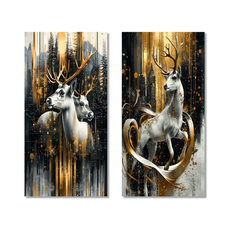 Grand art mural en métal Magic Gold and White Reindeer at Christmas I - Gray Scenic, 40" H x 40" W