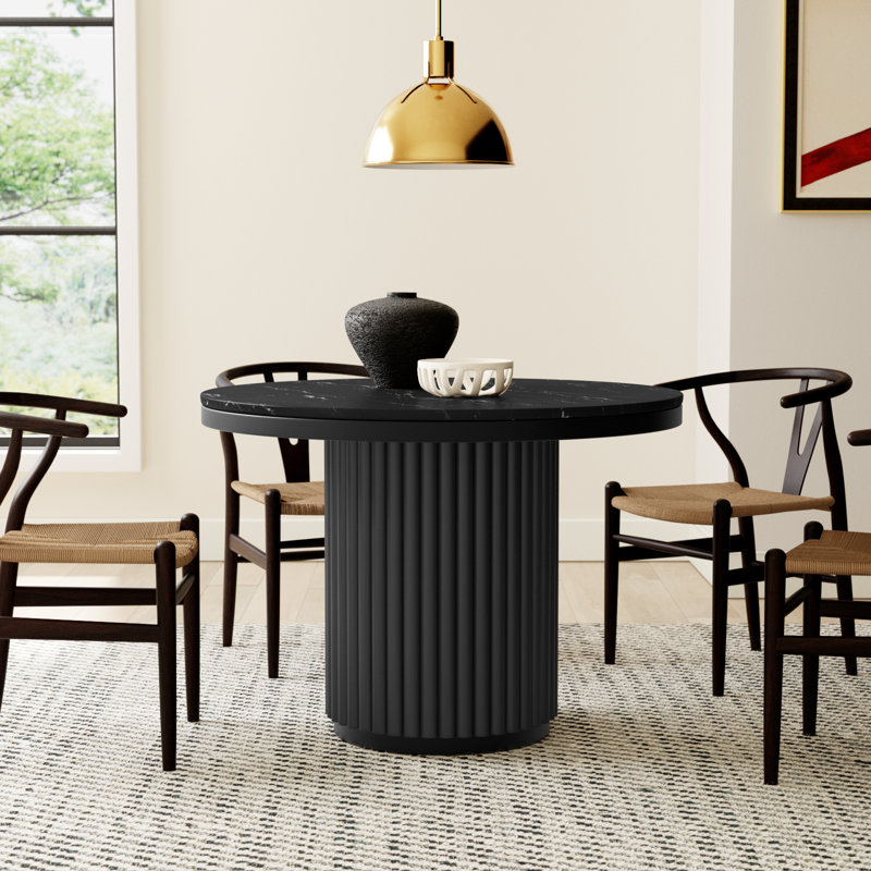 Ione Round Marble Top Metal Base Dining Table, Black Marble/Black