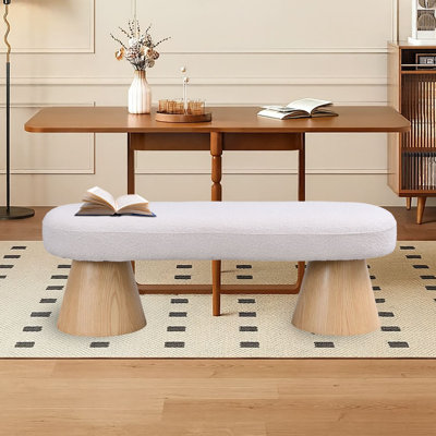 Banc rembourré moderne avec pieds en bois de cône, banc de salle à manger ovale en tissu bouclé de 49 po pour le salon, la chambre à coucher ou le couloir