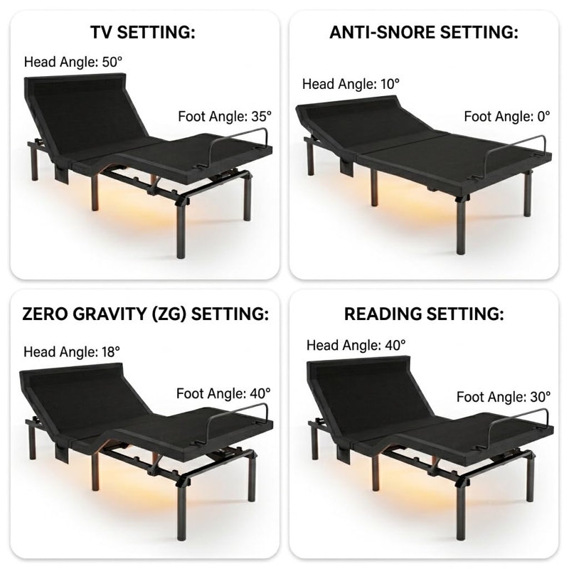 Structure de lit réglable avec 3 moteurs silencieux, base de lit réglable avec massage, relevage de la tête et des pieds, inclinaison de l'oreiller, lumières sous le lit, ports USB et de type C, zéro gravité, anti-ronflement, télécommande sans fil et contrôle des applications