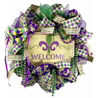 Couronne décorative en filet 18 po Mardi Gras Welcome
