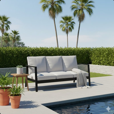 75" All-Weather Aluminum 3-Seat Patio Sofa With Thick Light Gray Cushions & Black Frame