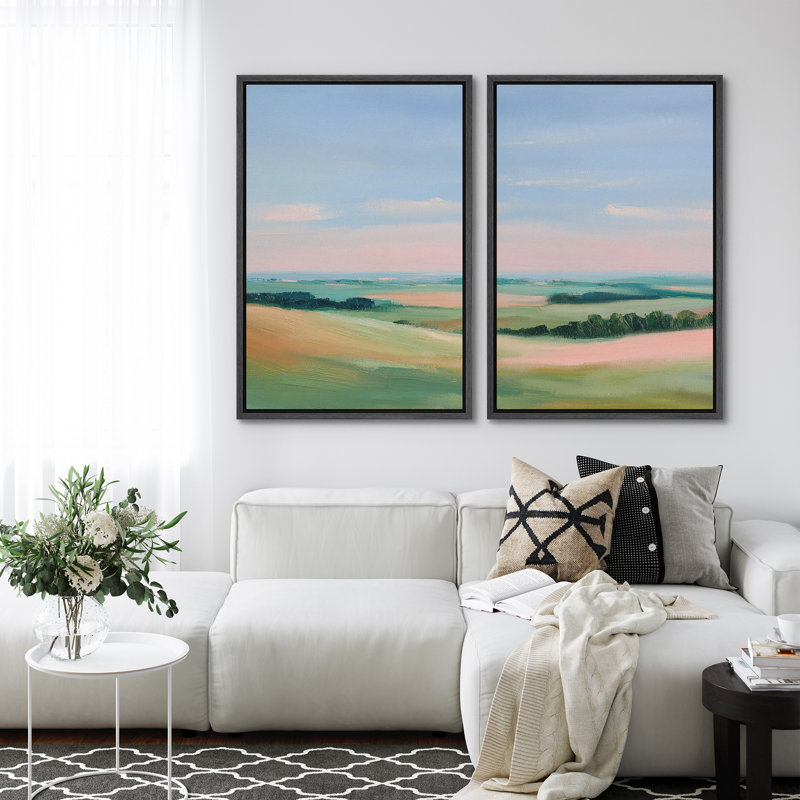 Soft Pastel Rolling Hills Landscape Serene Countryside Horizon Wall Decor for Living Room Bedroom Framed Canvas Master Bedroom Wall Art Work 2 Pieces Print