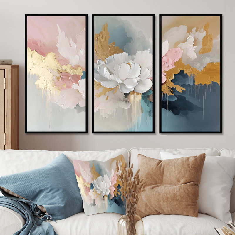 «White Brushstroke Abstract Paint III», ensemble de salon d'art mural pivoines, Toile avec cadre flottant noir