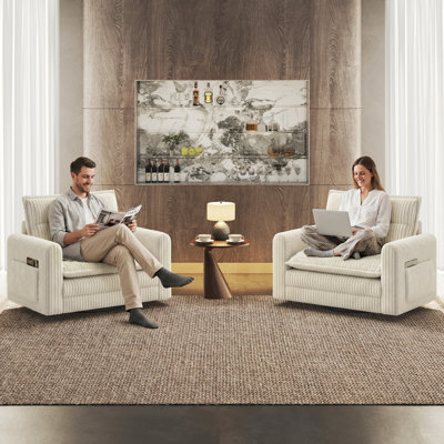 Fauteuil pivotant à 360° avec soutien lombaire, fauteuil pivotant avec assise profonde | Revêtement en velours côtelé doux, base pivotante en métal, beige, idéal pour la lecture et la détente, salon