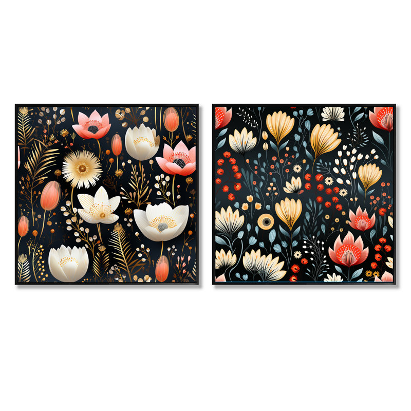 Emie - Ensemble de 2 collages carrés botaniques abstraits, Cadre flottant noir, H 16 po x l 33 po