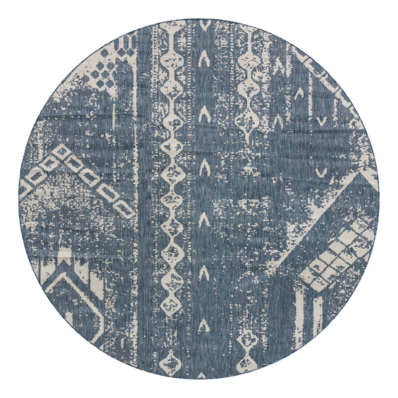Bonnetta Geometric Machine Woven Polypropylene Indoor / Outdoor Area Rug in Blue/Ivory, Round 10'8"