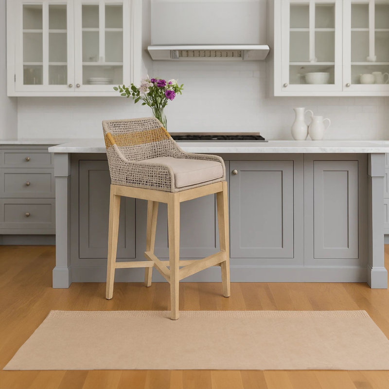 Tabouret de bar à hauteur de comptoir 30 po Avira, tabouret de bar en bois de manguier fabriqué à la main avec corde en coton et coussin beige