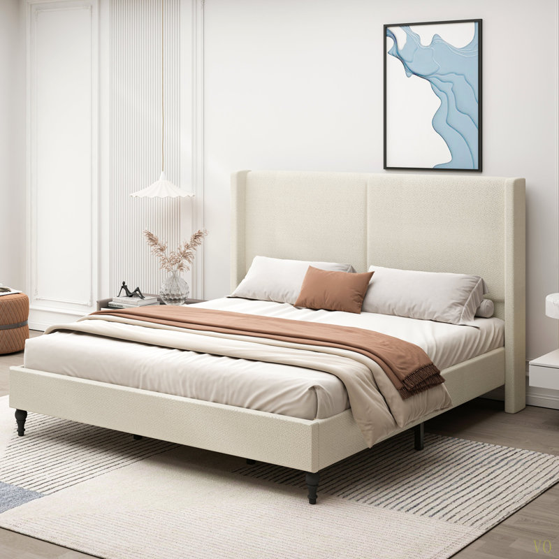 Structure de lit très grand avec tête de lit tapissier à dossier haut de 55,5 po, support à lattes Boucle Fabric12, panneaux latéraux épaissis, pieds en bois massif, aucun sommier tapissier requis