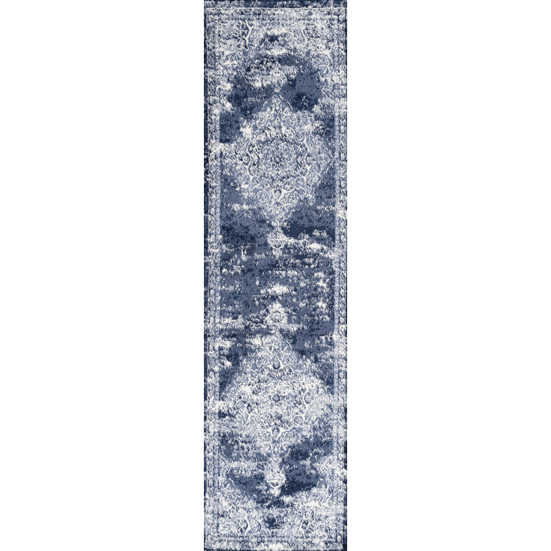Pruden Ornate Medallion Modern Navy/Ivory Rug, Runner 2'3" x 10'