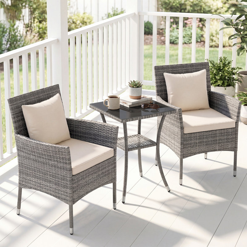 3 Pieces Patio Wicker Bistro Set Outdoor Conversation Furniture Set, Off White
