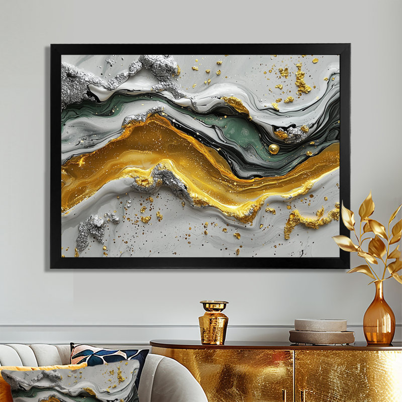 «Tranquil Divide Of Abstract», encre liquide, H 30 po x l 40 po, Cadre simple, Noir, noir, noir, noir