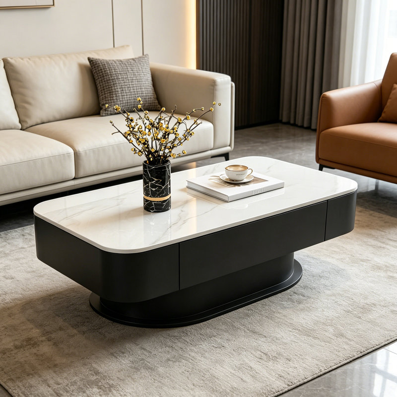 Élégante table basse avec tiroir Rock Slab, Blanc/Noir, 12.99" H x 39.37" L x 19.68" W