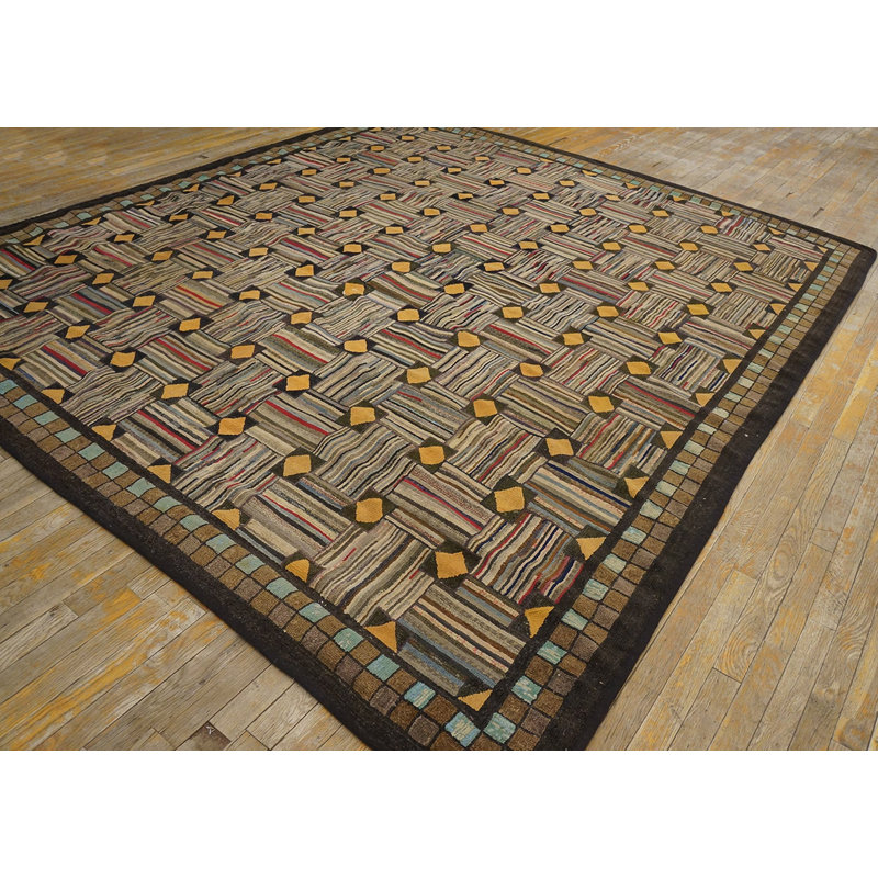 Square Room Size Antique Geometric American Folk Art Basket Weave Design Hooked Rug