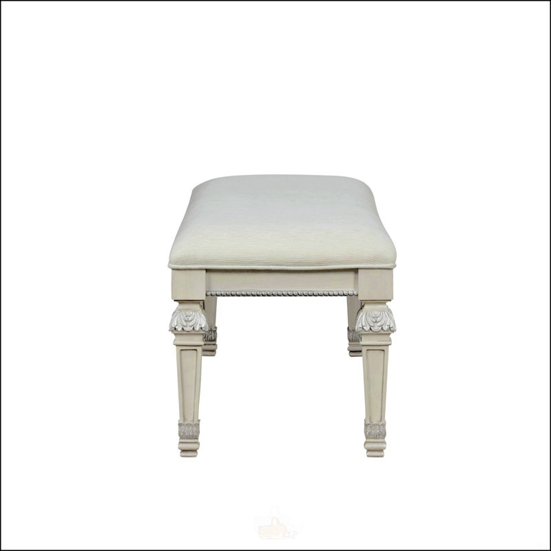 Traditional Creamy White Bench With Ornate Round Knobs And Diamond-Button Tufting, Metal Silver Finish