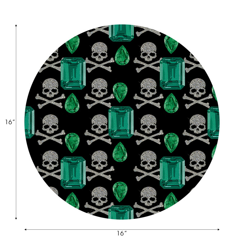 Gem Emeralds Skull Vegan Leather Round Pebble Placemat, Black