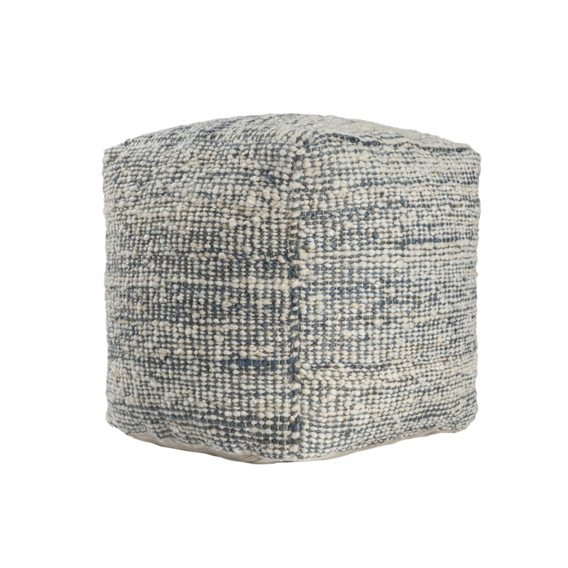 Savanna 18" W Square Hand-Woven Wool Blend Pouf Ottoman , Blue/Ivory