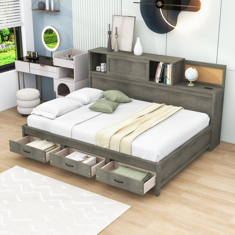Mayores Daybed with 3 Storage Drawers, Shelves, and USB Ports, Gray, Full/Double