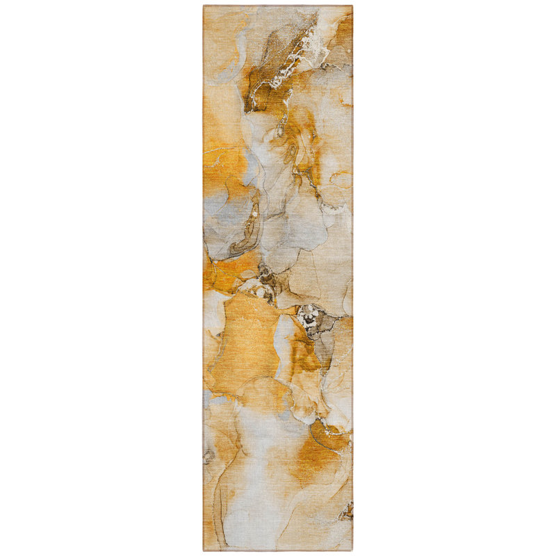 2' X 8' Orange and Ivory Abstract Washable Indoor Outdoor Runner Rug