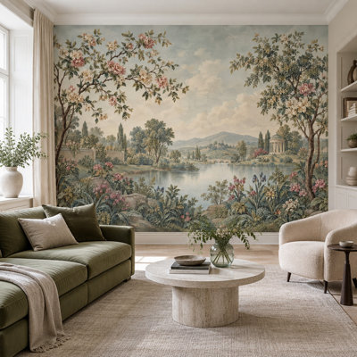Papier peint mural paysage de jardin romantique ciel nuageux