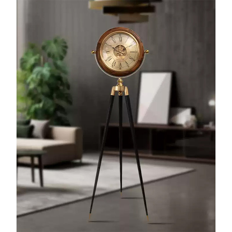 Classic Tripod Floor Clock Solid Wood Frame Copper Plated Metal Leg Statement