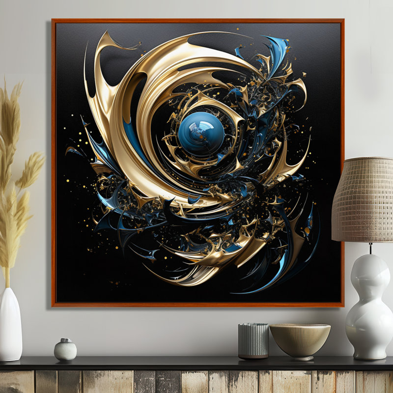 Organique, bleu, liquide, or, tourbillon, spirales abstraites, art mural, Toile avec cadre flottant noir