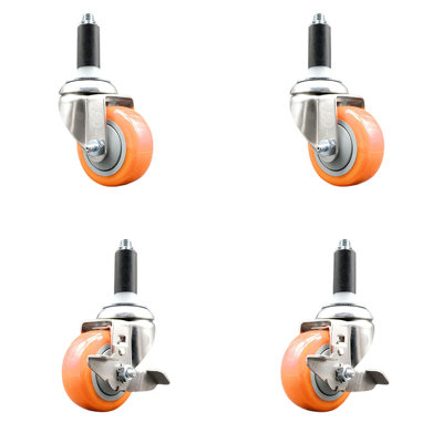3 Inch 316SS Orange Poly Swivel 1-1/8 Inch Expanding Stem Caster Set 2 Brake SCC
