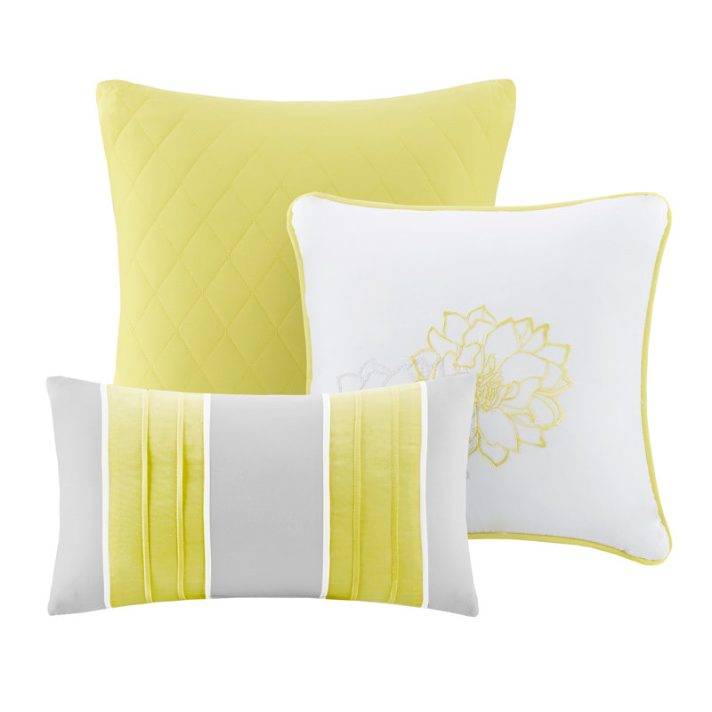 Queen Gray and Yellow Floral Cotton Comforter Set
