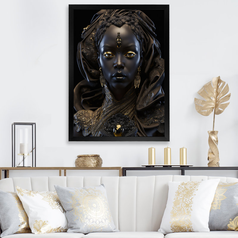Gros plan sur une déesse africaine noire et dorée sur toile, Cadre photo noir, H 20 po x l 12 po x P 1 po