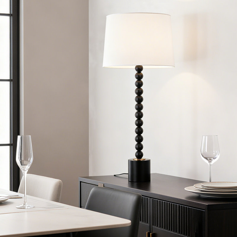 Lampe de table haute 32 pouces avec boule de fer noire empilée et abat-jour rond en tissu fuselé pour le salon, la chambre à coucher, le bureau