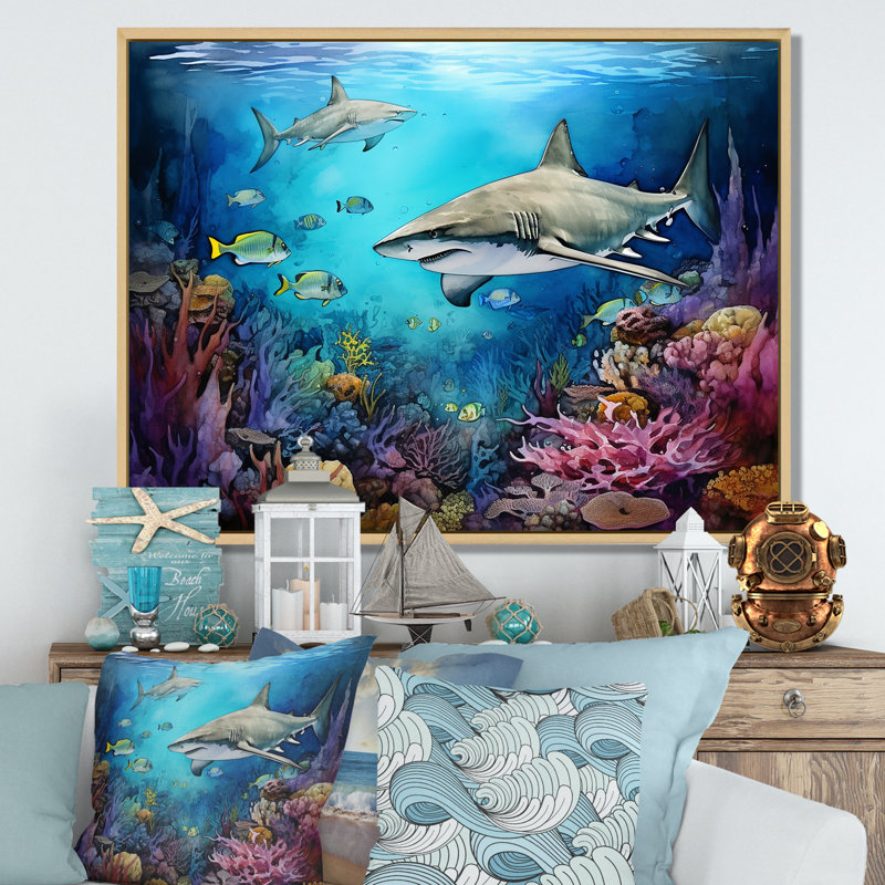 Shark Haven Under Water, reproduction d'art sur toile I, Cadre naturel flottant, H 24 po x l 32 po x P 1 po