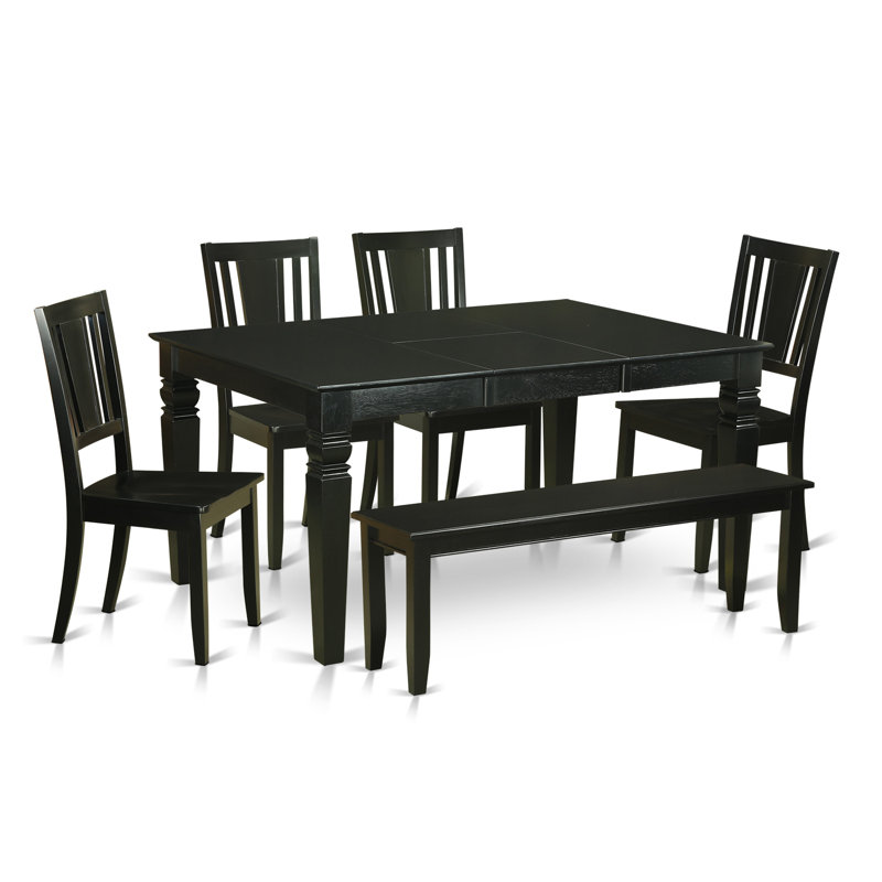 Ensemble de salle à manger 6 pièces comprenant une table rectangulaire en bois avec rallonge papillon, 4 chaises et un banc, 107 x 152 cm, noir