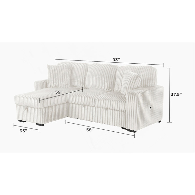 Plush Sectional Sofa W/ Pull Out Sleeper made with Velvet fabric, Cream Velvet