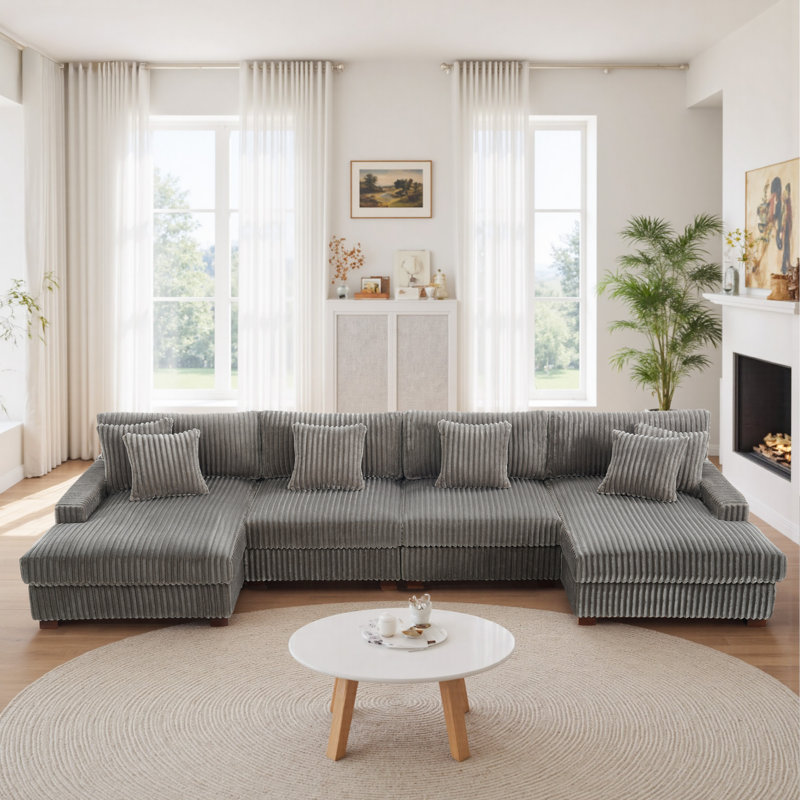 4 Seater Seating Component, Light Grey Faux Fur