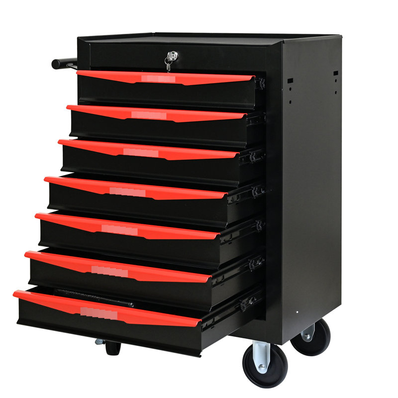 Armoire à outils 7 roulettes en métal - glissières à roulement, verrouillables, rangement noir et rouge de 20 po avec 7 tiroirs