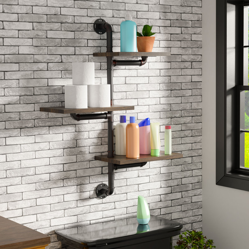 Holloway 3 Piece Tiered Industrial Pipe Shelves, Dark Walnut