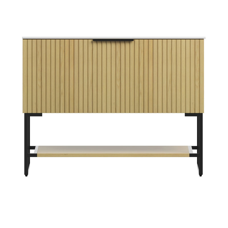 Meuble-lavabo autoportant YOLAN de 91 cm (36 po) au fini chêne Corolla avec tiroir à extension complète et tablette à serviettes ouverte